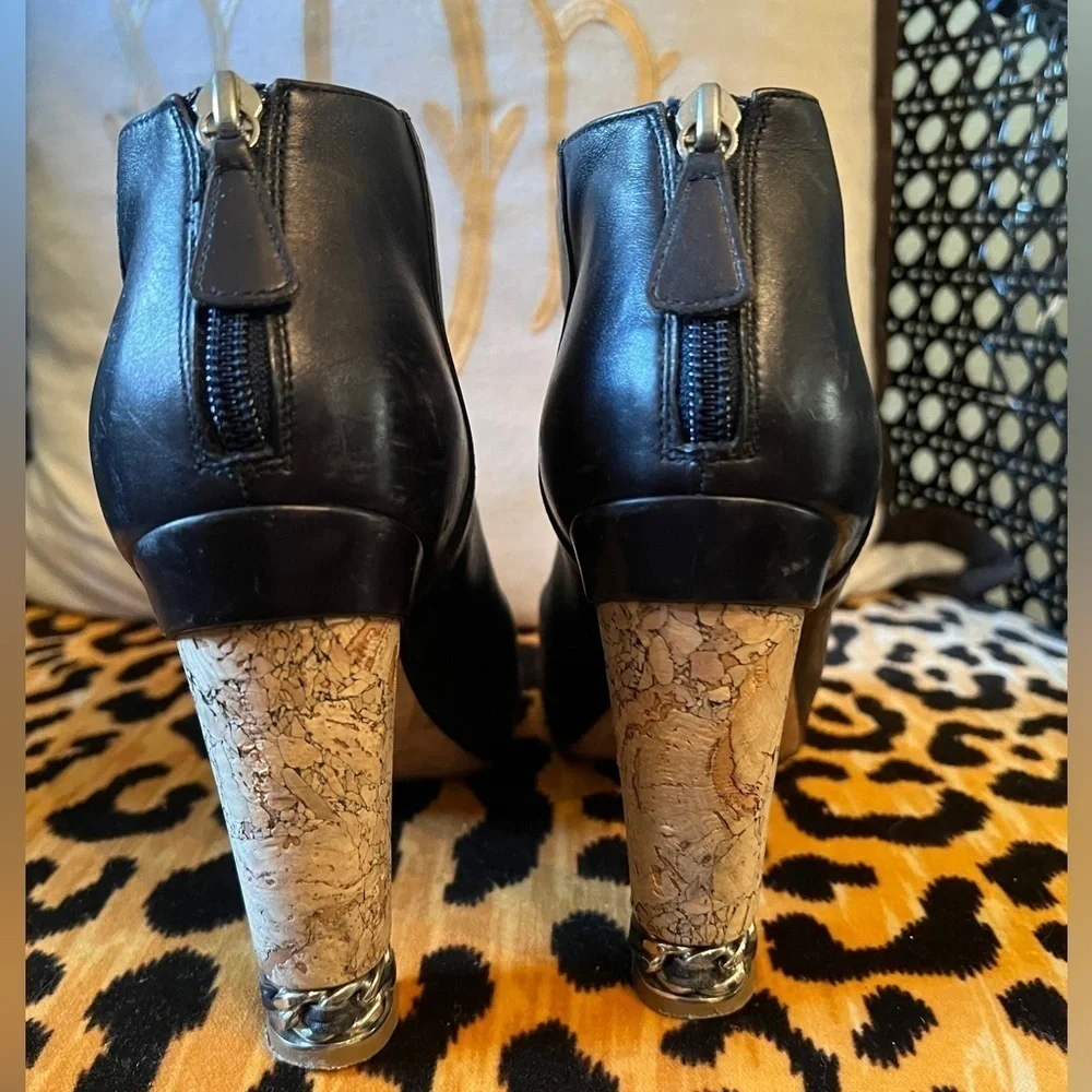 CHANEL OpenToe Black Leather Ankle Boots Mark Chain Cork Heel CC Size 38